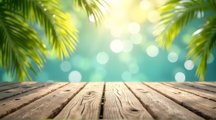 Relaxing summer vibes with wooden deck and palm leaves, creating a tranquil tropical getaway mood for advertising vacation rentals and travel destinations