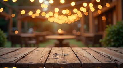 Invite your friends to a backyard party with rustic charm and shimmering lights on this wooden table ready for summer cocktails and good company