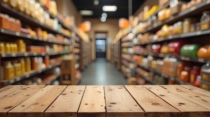 Fresh grocery display with rustic wooden table overlay for product mockups and advertisements, perfect for branding and vibrant food marketing campaigns