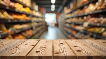 Rustic wooden table showcases fresh produce aisle in grocery store for vibrant food and beverage promotions, perfect for culinary businesses and healthy lifestyle ads