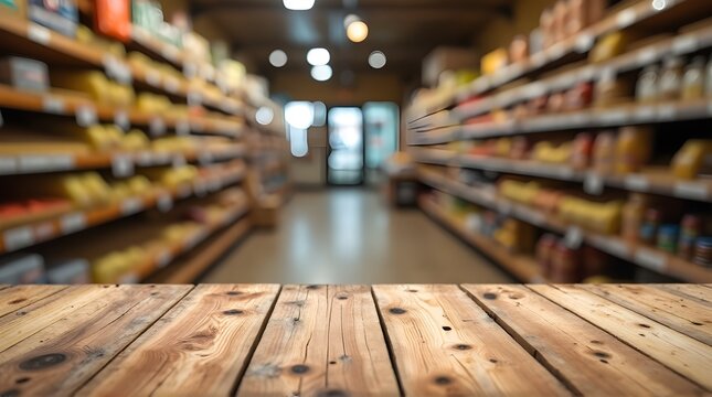 Rustic wooden table invites you into a grocery store aisle, perfect for showcasing artisanal products or farm-to-table recipes with a warm, inviting feel