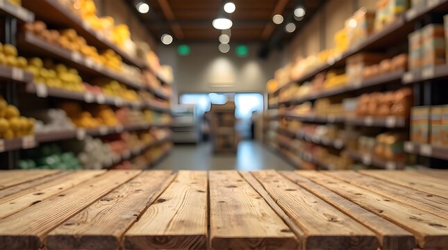 Warm wooden table surface foreground with softly blurred grocery store aisles filled with vibrant produce and products creating inviting retail atmosphere