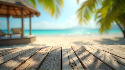Fototapeta premium Serene tropical beach scene with wooden deck in foreground, offering a perfect vacation getaway escape