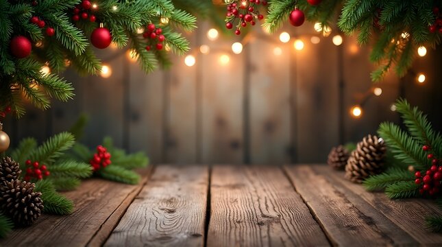 Warm and festive Christmas holiday scene with rustic wooden table, pine branches, red berries, pinecones, and twinkling fairy lights creating a cozy atmosphere for seasonal celebrations.