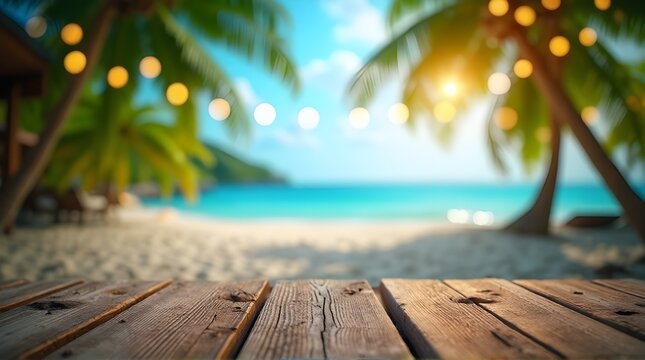 Experience tropical paradise with a rustic wooden table overlooking a serene beach, palm trees, and glowing string lights creating magical ambiance - Powered by Adobe