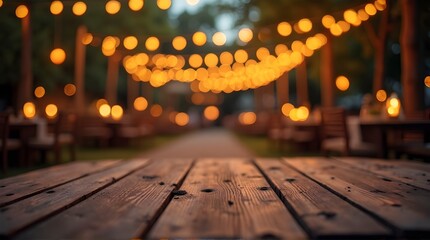 Warm glow of string lights illuminates a rustic wooden table setting for an enchanting evening outdoor celebration.