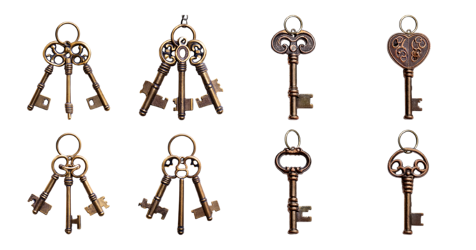 Vintage Decorative Keys with Intricate Designs on a White Background, PNG bundle collection, Isolated on Transparent Background - Powered by Adobe