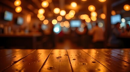 Warm, inviting wooden table foreground with blurred cozy bar ambiance and bokeh lights creating a perfect atmosphere for relaxation and socializing
