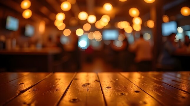 Warm, inviting wooden table foreground with blurred cozy bar ambiance and bokeh lights creating a perfect atmosphere for relaxation and socializing - Powered by Adobe