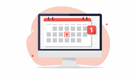 Modern flat illustration of a digital calendar on a computer monitor with a notification, representing online event planning, important reminders, and task management. Perfect for scheduling concepts