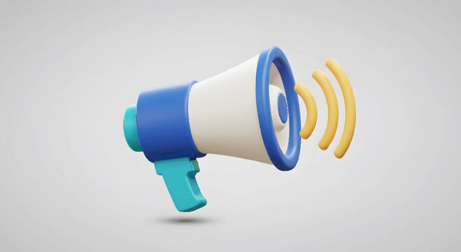 Vibrant 3D rendered megaphone emitting golden sound waves, representing an urgent announcement, public message, or important communication