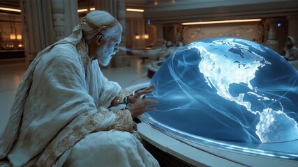Elderly man interacts with futuristic holographic globe in advanced technology setting. - Powered by Adobe