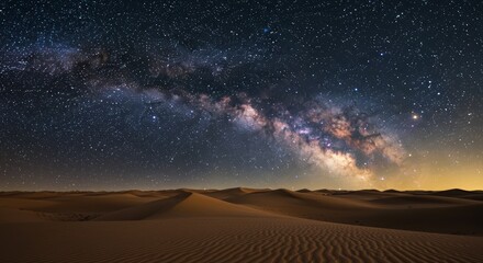 A vast desert landscape with rippled sand dunes under a brilliant night sky filled with the Milky Way and countless stars, softly illuminated by twilight