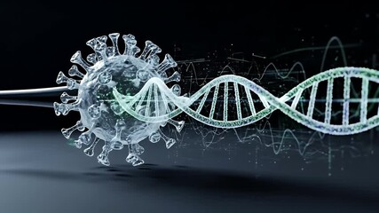 Abstract Visualization of Viral Particle and DNA Strand with Blue and Green Tones on a Dark Background - Powered by Adobe