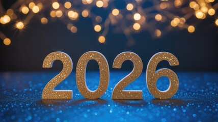 Sparkling golden 2026 numbers gleam against a dark backdrop with festive bokeh lights creating a celebratory mood.