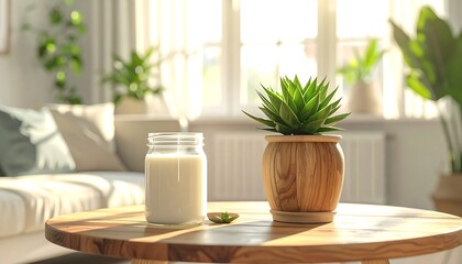 Milk and plant on wooden table