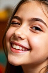 Obraz premium Smiling young girl making a playful wink in a cozy indoor setting