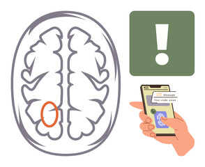 Human brain diagram with a marked area, green alert icon, and smartphone displaying a message with a security code. Ideal for neuroscience, healthcare, technology, warning, intelligence