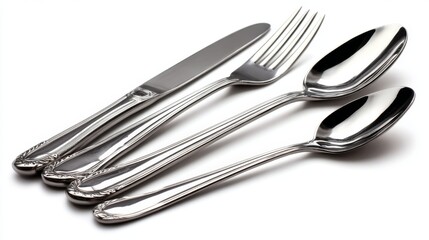 a set of silverware, including forks, knives, and spoons, arranged neatly in a row on a white surface