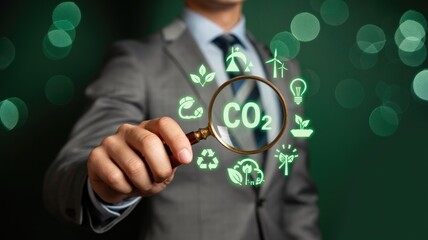 Business professional analyzing CO2 emissions with magnifying glass, highlighting sustainability and green energy solutions