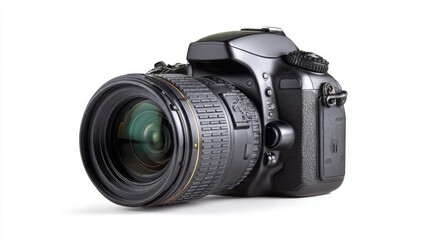 Fototapeta premium a professional grade digital single lens reflex (dslr) camera with an attached lens, placed against a neutral background
