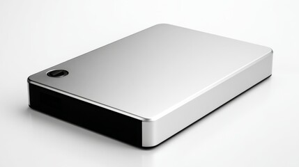 a thin, silver colored external hard drive with a usb connection portrayed in close up to the left side of the frame