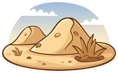 Cartoon desert dunes with vegetation under a cloudy sky, illustration for desert themes