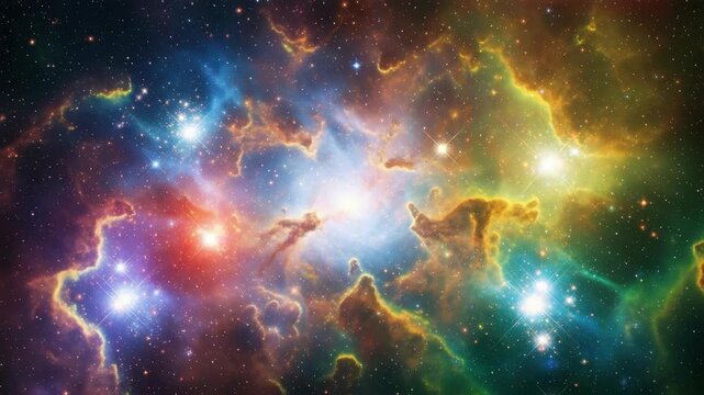 breathtaking cosmic landscape filled with luminous stars and swirling clouds of multi-colored gas and dust Vibrant hues of blue red orange yellow green and purple create an ethereal vast celestial sce
