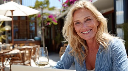 Smiling woman with blonde hair poses outdoors, a glass of wine in foreground, with a laptop and sunny outdoor cafe setting visible in the background.