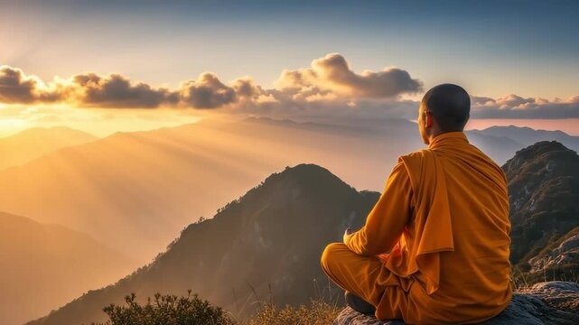 person in orange robes meditates on mountaintop rock overlooking vast layered mountain range at sunrise/sunset Golden sunbeams pierce clouds casting warm glow across the serene landscape