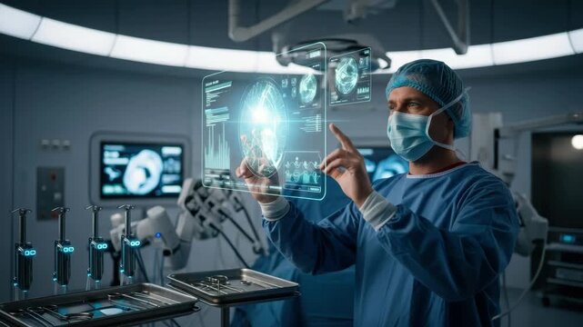 surgeon in blue scrubs cap and mask interacts with glowing holographic display showing detailed brain scans and data in high-tech operating room with robotic equipment and surgical tools - Powered by Adobe