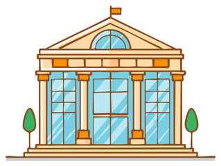 Cartoon Illustration of Classical Building with Columns and Flag,  Public Institution