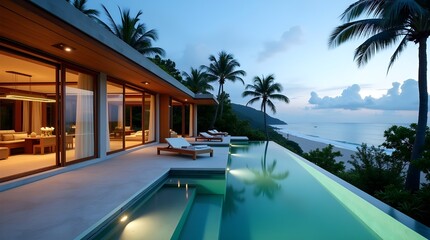 Fototapeta premium Luxury Villa with Infinity Pool Overlooking the Ocean at Dusk