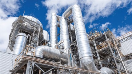 Industrial facility showcasing numerous pipes and equipment, with a bright blue sky dotted with fluffy clouds in the background, creating a visually striking contrast of metallic structures and...