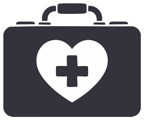 Obraz premium Medicine Suitcase with Heart and Cross Symbol: First Aid Kit Icon, Healthcare Logo