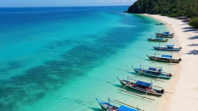 Numerous traditional outrigger boats line pristine white sand beach with crystal-clear turquoise waters A lush tropical island coastline with palm trees forms the backdrop under bright blue sky
