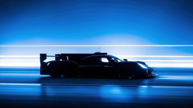 sleek dark racing prototype with prominent rear wing and closed cockpit is captured in intense motion Its silhouette is outlined by luminous blue against vibrant streaking blue background conveying im