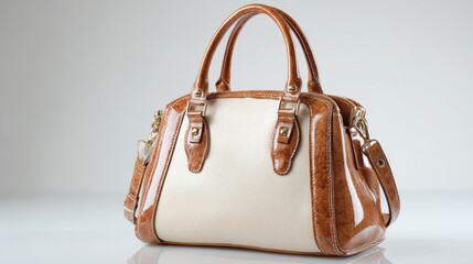 a handbag, which is displayed prominently in the foreground. it has a quilted pattern with what appears to be a light brown or gold hue on a creamy background