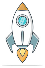 Cartoon Illustration of a Rocket Ship Flying with Flames, Space Exploration