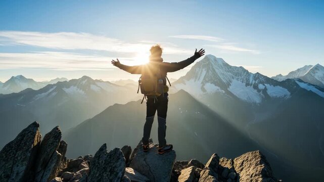 hiker with backpack stands atop rugged mountain peak arms triumphantly outstretched gazing at vast panorama of snow-capped mountains and sunlit valleys with dramatic light rays
