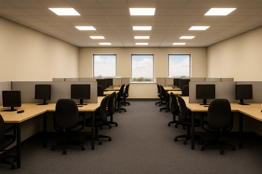 Modern Office Workspace – Symmetrical Layout with Cubicles, Computers, and Natural Light in a Professional Business Environment