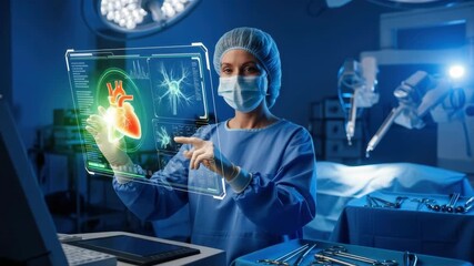 medical professional in scrubs and mask interacts with transparent display showing glowing 3D heart nerve cells and data in futuristic OR with surgical tools and robotic assistants - Powered by Adobe