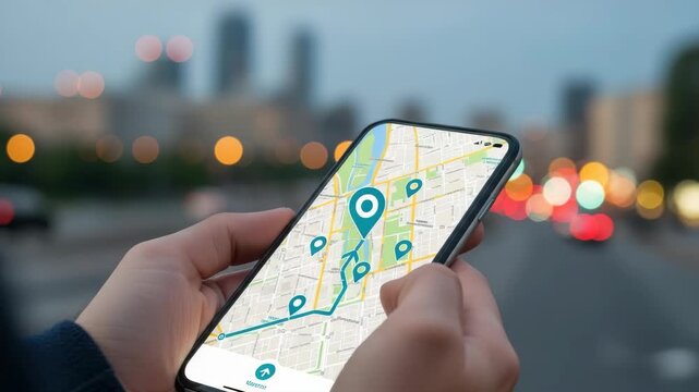 Close-up of hands holding smartphone displaying navigation app with blue route and multiple location pins on detailed city map Blurred city lights and traffic are visible in the background