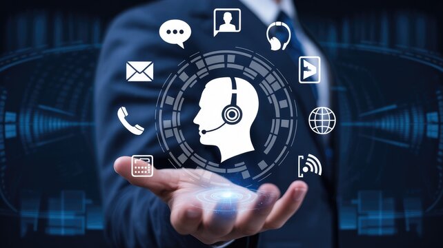 Professional businessman showcases digital customer service icons, symbolizing communication and global connectivity for modern business solutions