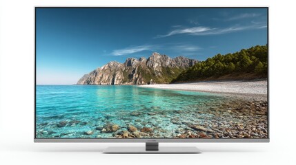a flat screen television displaying a scenic view of a rocky coastline with clear blue water and rugged terrain. in front of the television, there is a remote control and a stand