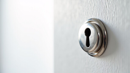 Metal keyhole gleams on white surface&mdash;clean, minimal, and quietly symbolic of access and privacy.
