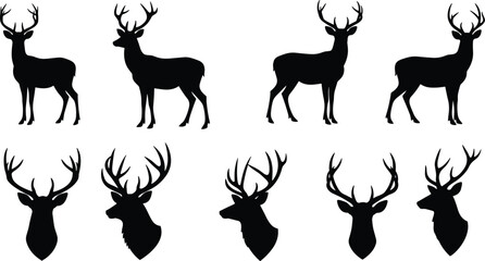 Deer Silhouette Set with Antlers, Full Body and Head Views, Wildlife Vector Art for Hunting, Nature, and Forest Themes