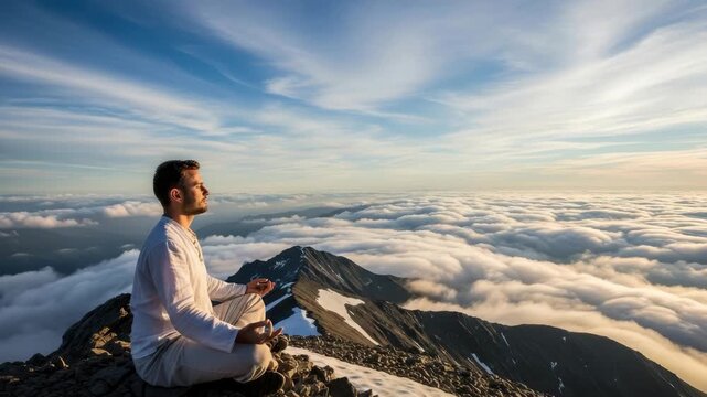 man in white meditates calmly in lotus position on rocky mountain peak Below vast sea of fluffy white clouds stretches across valleys Distant snow-capped ridges peek through The sky is serene blue wit