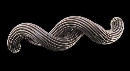 Modern fluid metallic abstract shape with intricate twists and shimmering reflections against a stark black background