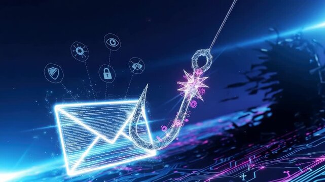 glowing wireframe fishing hook with star lure targets data-filled email icon Nearby security symbols shield lock eye illustrate cyber threats and phishing on circuit board